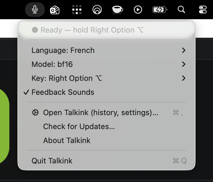 Talkink menu bar with language, model and shortcut options