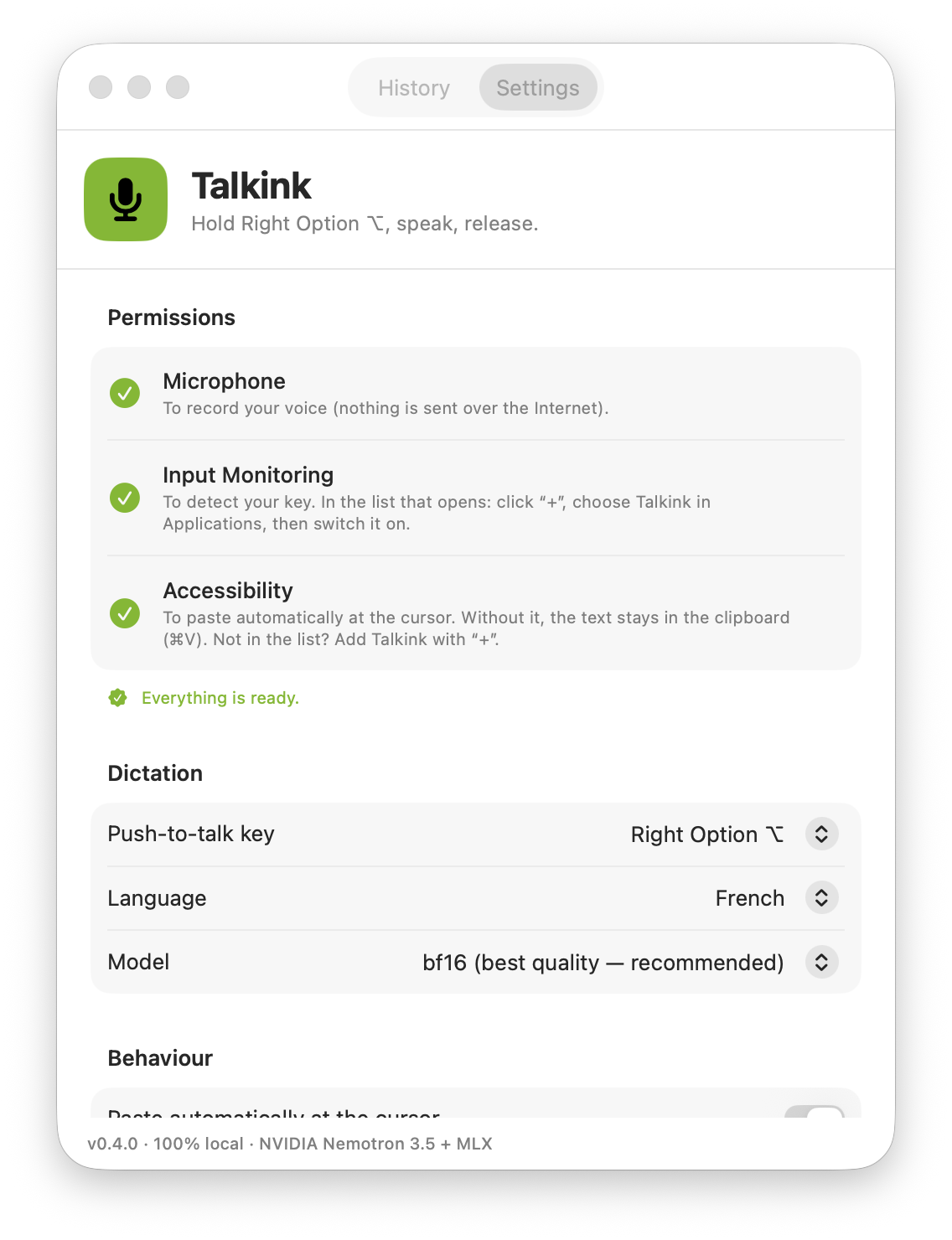 Talkink settings window with permissions and dictation preferences